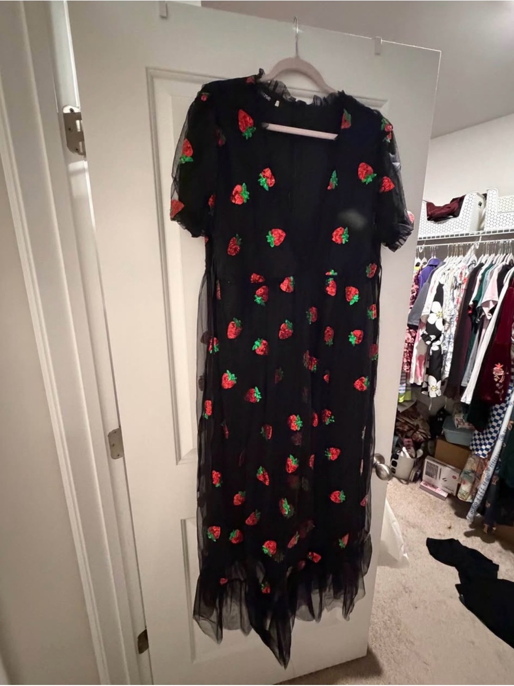 Black Tulle Dress with Red Sequins Strawberries